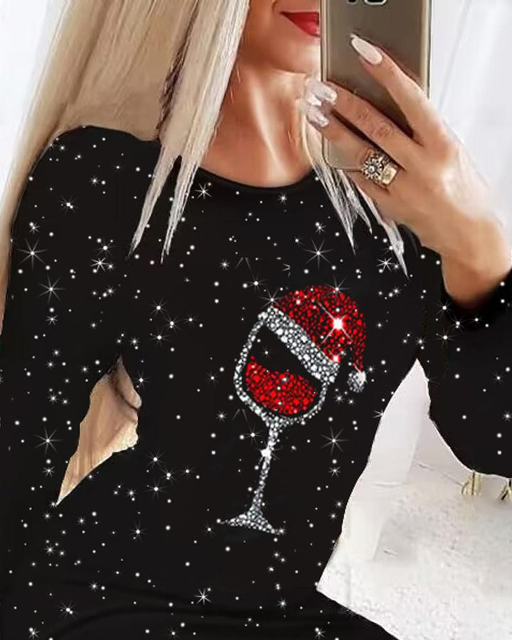 Christmas Wine Glass Print Glitter Bodycon Dress
