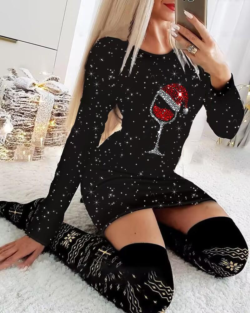 Christmas Wine Glass Print Glitter Bodycon Dress