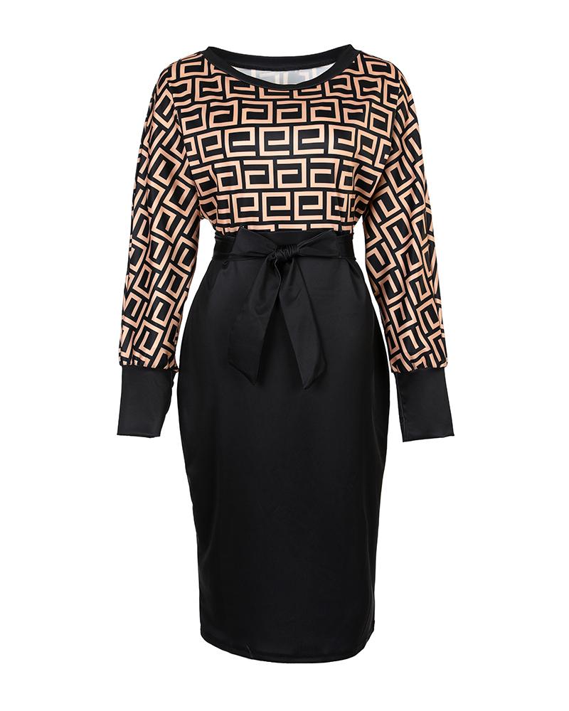 Geo Print Batwing Sleeve Belted Midi Dress