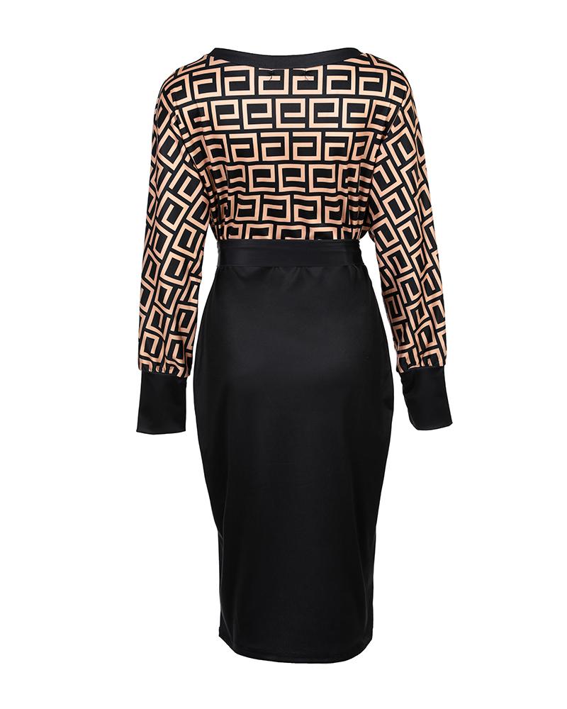 Geo Print Batwing Sleeve Belted Midi Dress