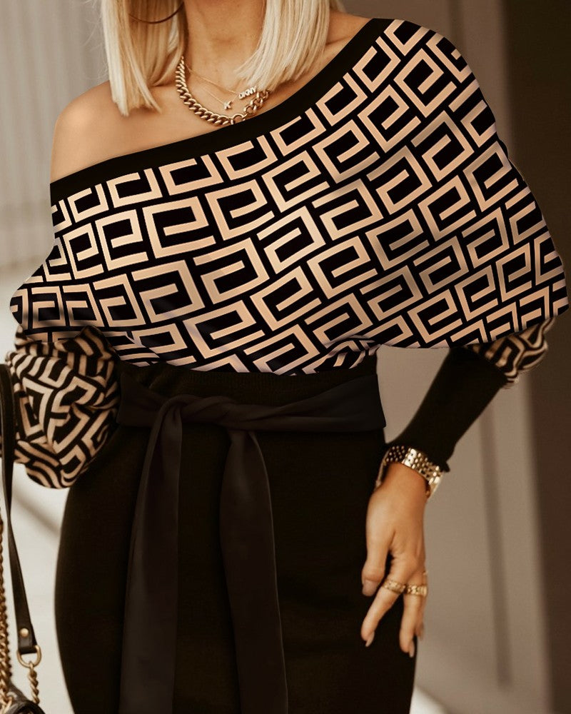 Geo Print Batwing Sleeve Belted Midi Dress