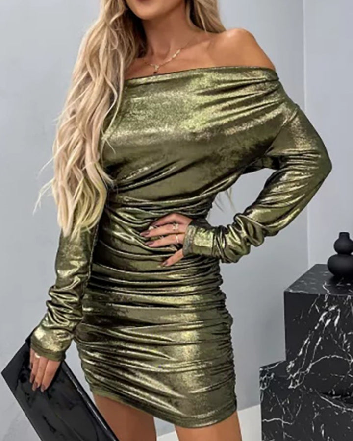 Off Shoulder Ruched Metallic Party Dress