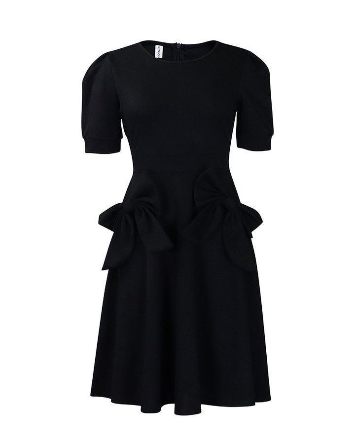 Puff Sleeve Round Neck Bowknot Design Casual Dress