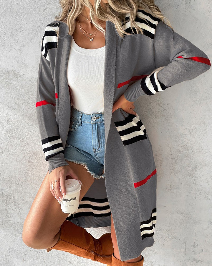 Striped Open Front Longline Knit Cardigan