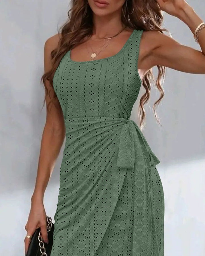 Eyelet Embroidery Tied Detail Slit Casual Dress
