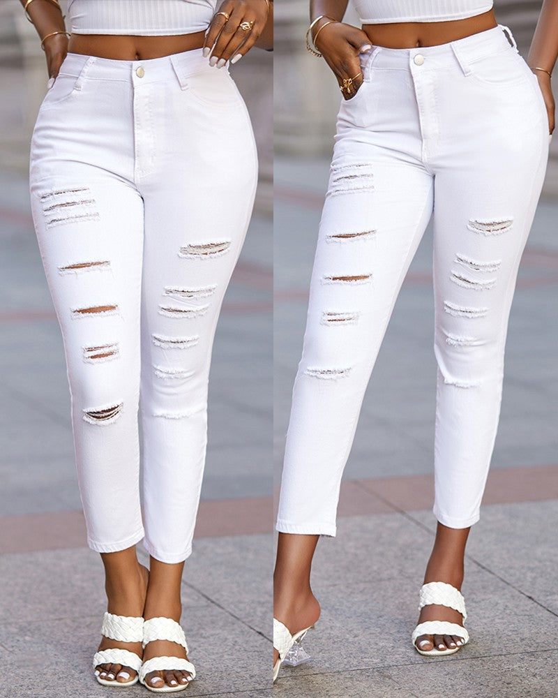 Zipper Fly Ladder Cutout Ripped Skinny Jeans
