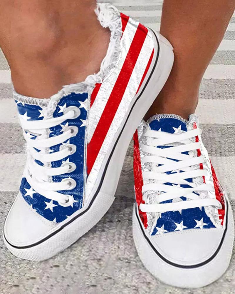 Fringe Hem American Flag Lace up Canvas Shoes