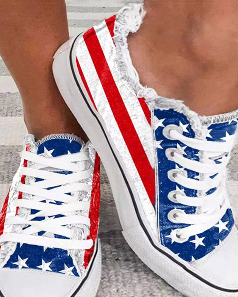 Fringe Hem American Flag Lace up Canvas Shoes