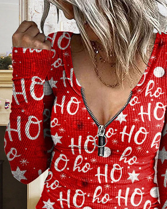 Christmas Letter Star Print Zip Front Long Sleeve Top