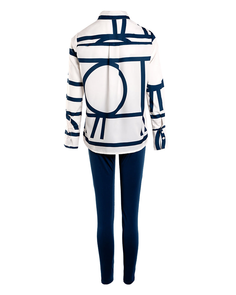 Striped Print Shirt & High Waist Pants Set