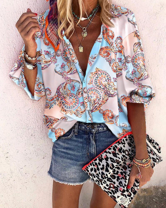 Baroque Print Lantern Sleeve Button Down Shirt