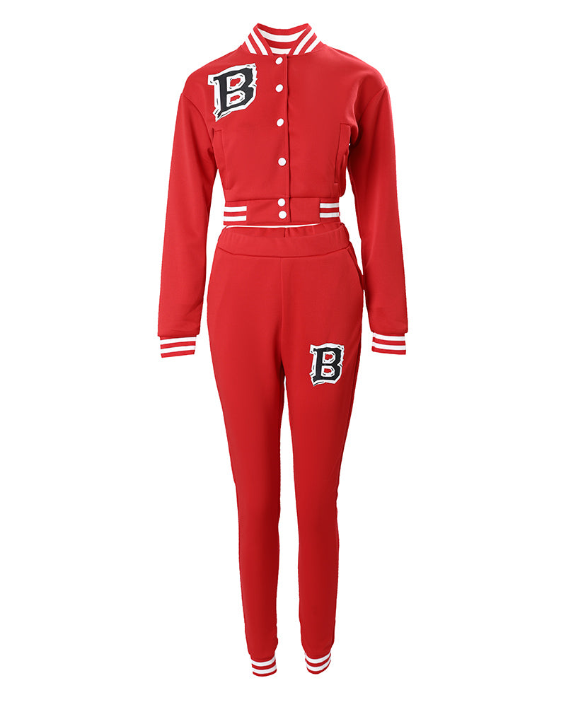 Letter Pattern Striped Baseball Jacket & High Waist Pants Set