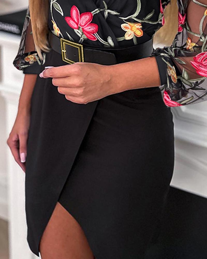 Floral Embroidery Mesh Patch Wrap Work Dress