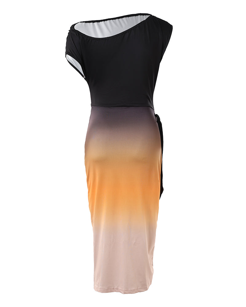 Ombre Ruched Skew Neck Slit Party Dress