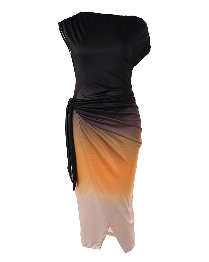 Ombre Ruched Skew Neck Slit Party Dress