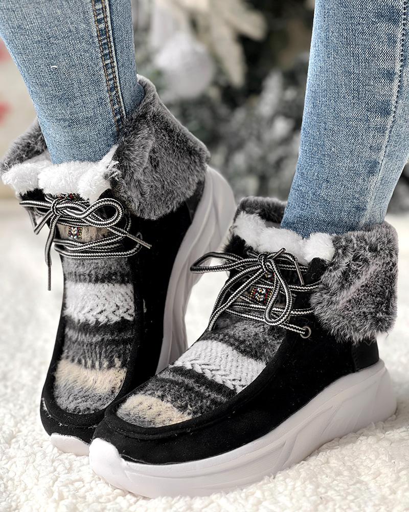 Colorblock Geometric Lace up Fuzzy Lined Ankle Boots