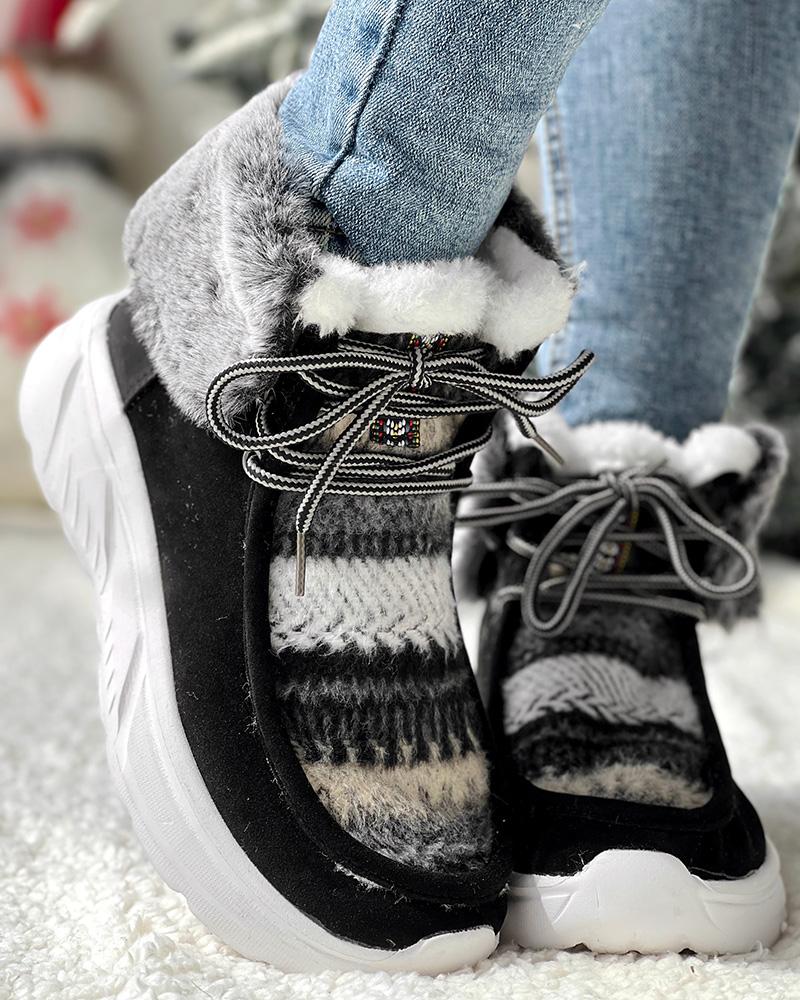 Colorblock Geometric Lace up Fuzzy Lined Ankle Boots