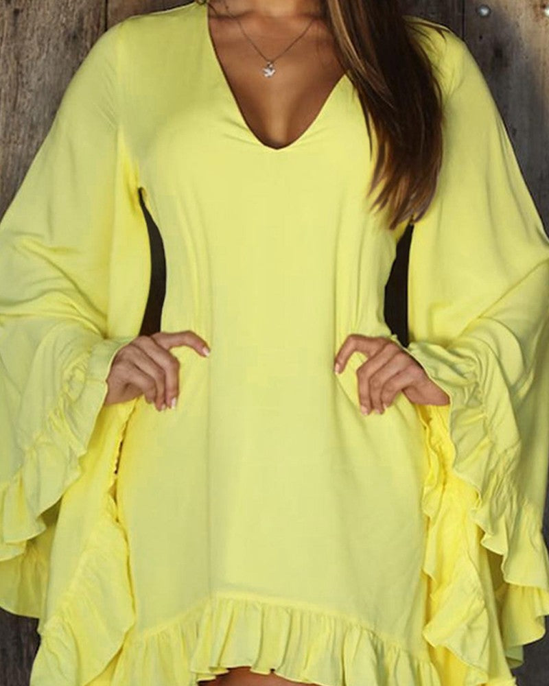 Ruffle Hem Bell Sleeve Casual Dress