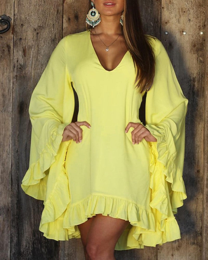 Ruffle Hem Bell Sleeve Casual Dress