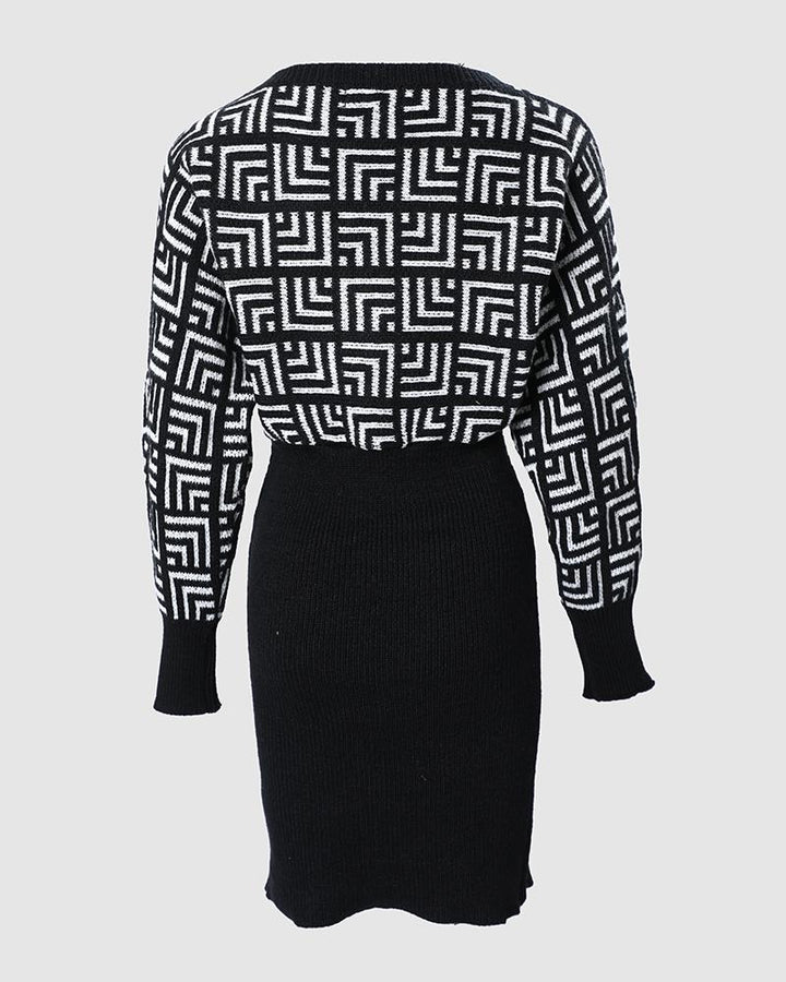 Geometric Print Long Sleeve Wrap Dress