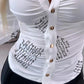 Letter Print Ruched Buttoned Long Sleeve Top