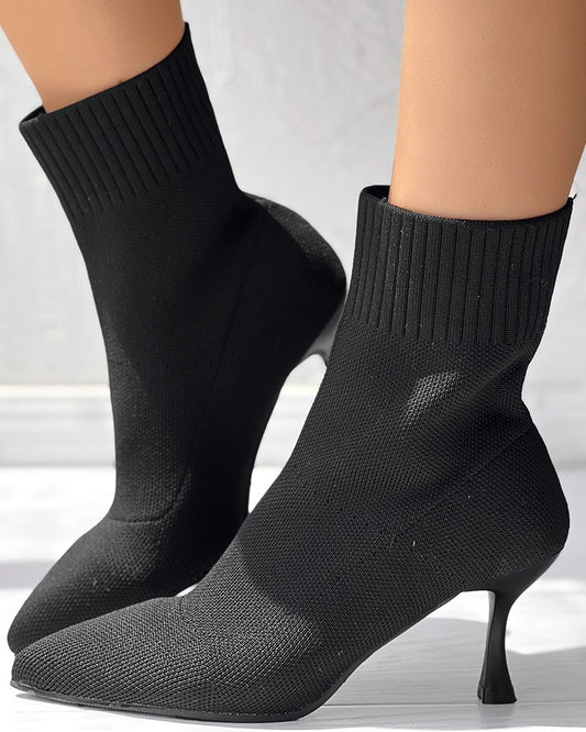Point Toe Pyramid Heel Knit Ankle Boots