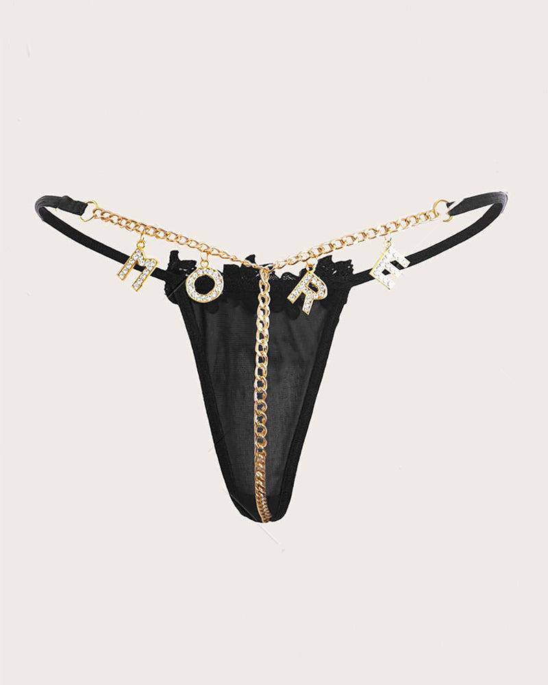 Rhinestone Letter Chain Decor Lace Thong Panty