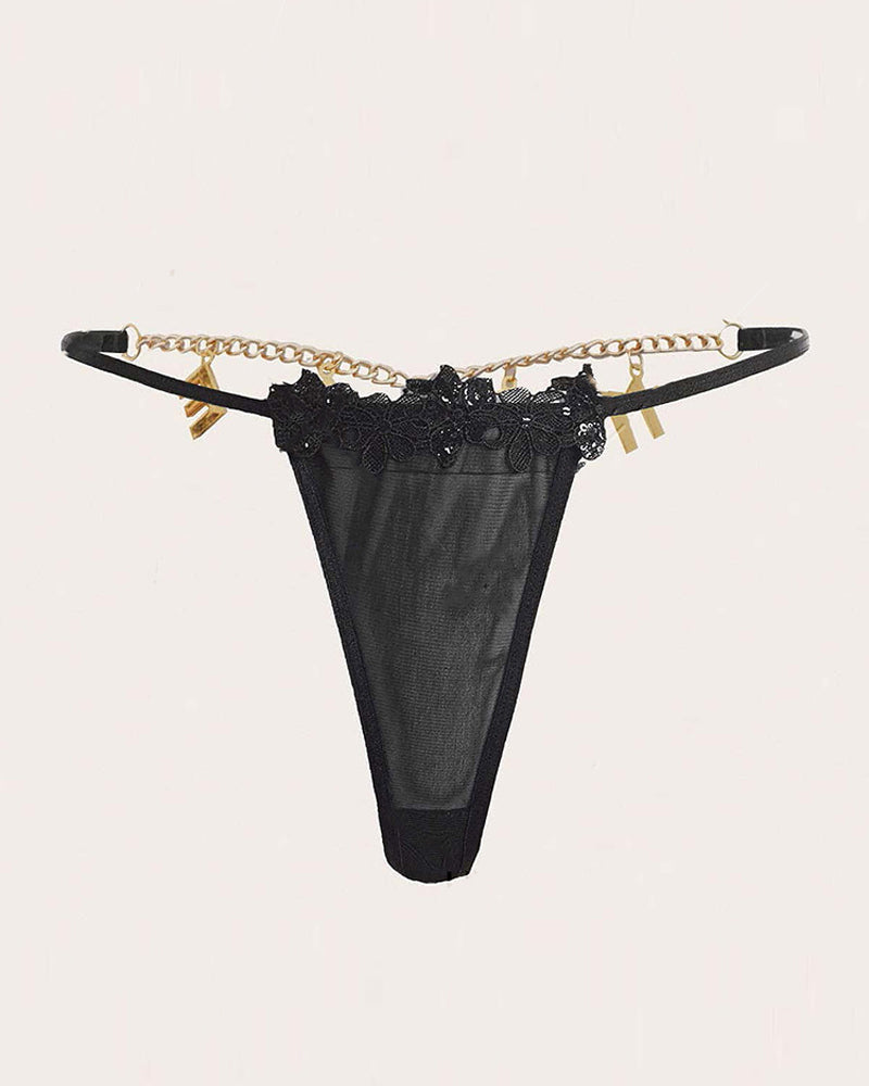 Rhinestone Letter Chain Decor Lace Thong Panty