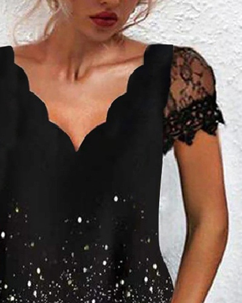 Colorblock Contrast Lace Scallop Trim Casual Dress