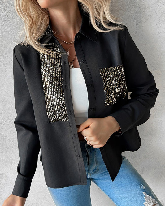 Contrast Sequin Turn Down Collar Buttoned Top