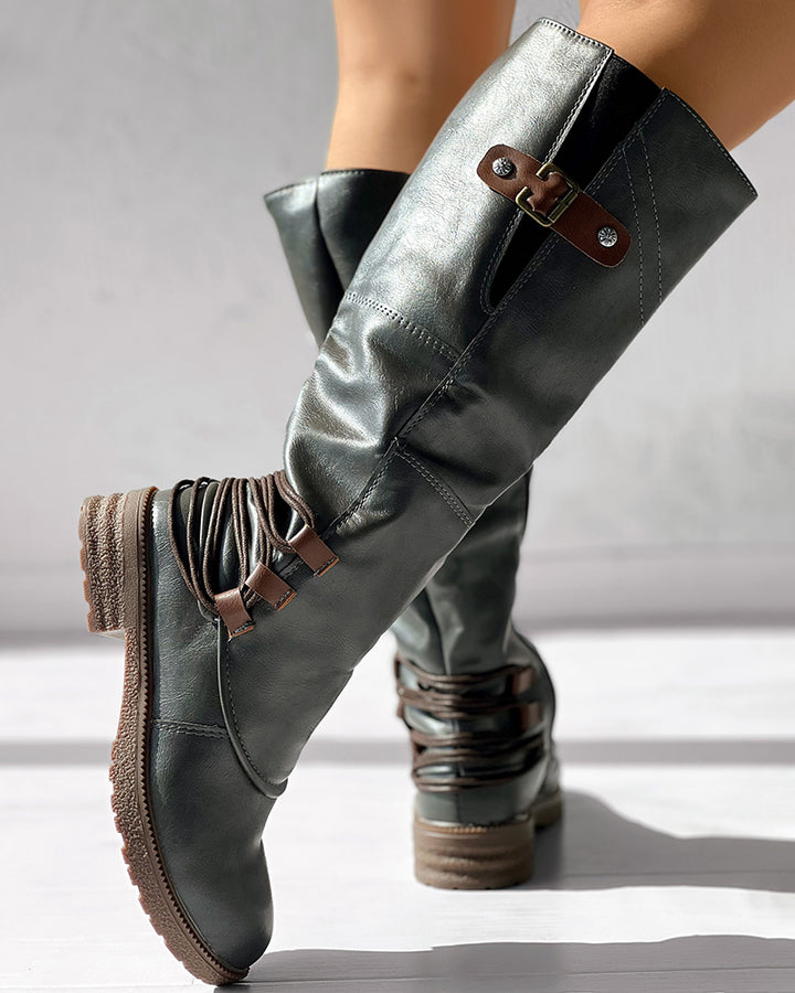 Side Zipper Buckled Round Toe Calf Boots