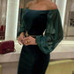 Velvet Off Shoulder Sheer Mesh Lantern Sleeve Party Dress