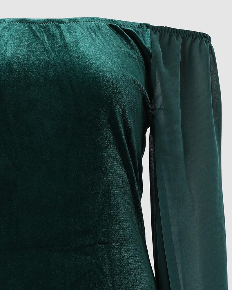 Velvet Off Shoulder Sheer Mesh Lantern Sleeve Party Dress