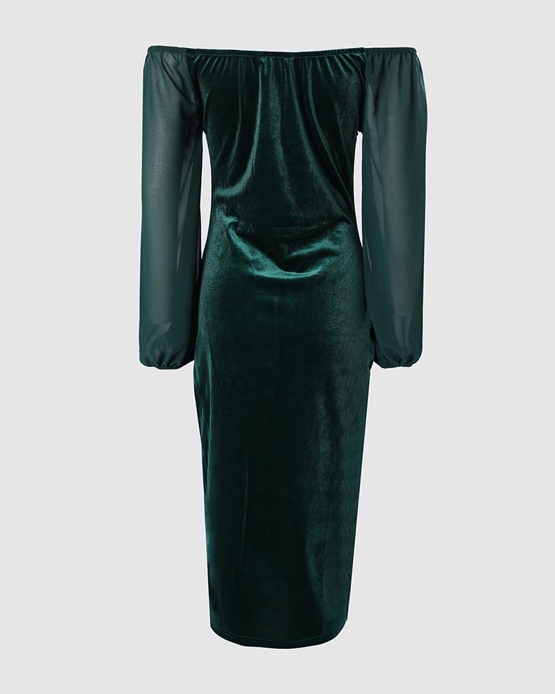 Velvet Off Shoulder Sheer Mesh Lantern Sleeve Party Dress