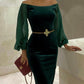 Velvet Off Shoulder Sheer Mesh Lantern Sleeve Party Dress