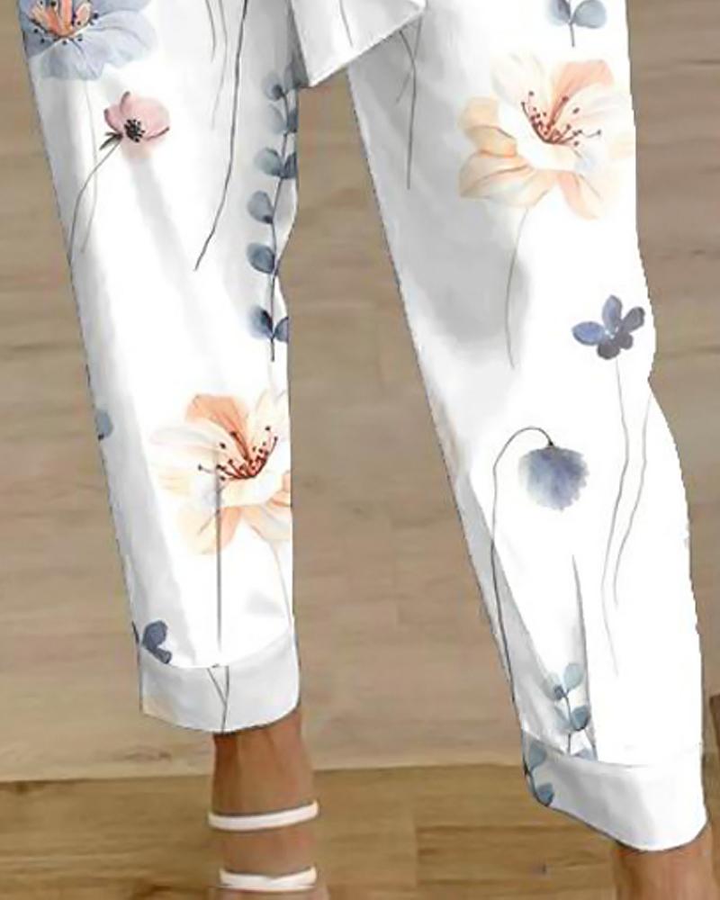 Floral Print High Waist Belted Pocket Design Pants