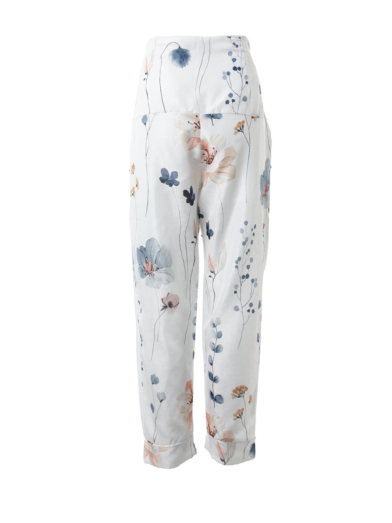 Floral Print High Waist Belted Pocket Design Pants