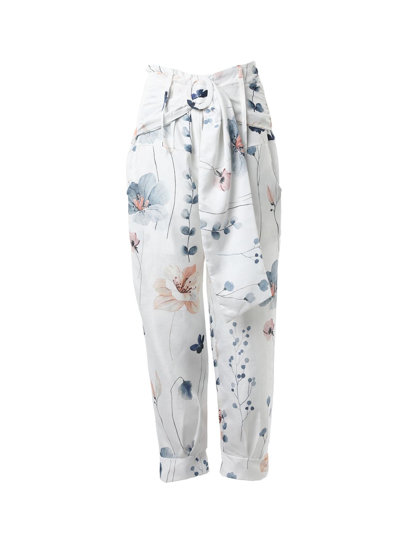 Floral Print High Waist Belted Pocket Design Pants