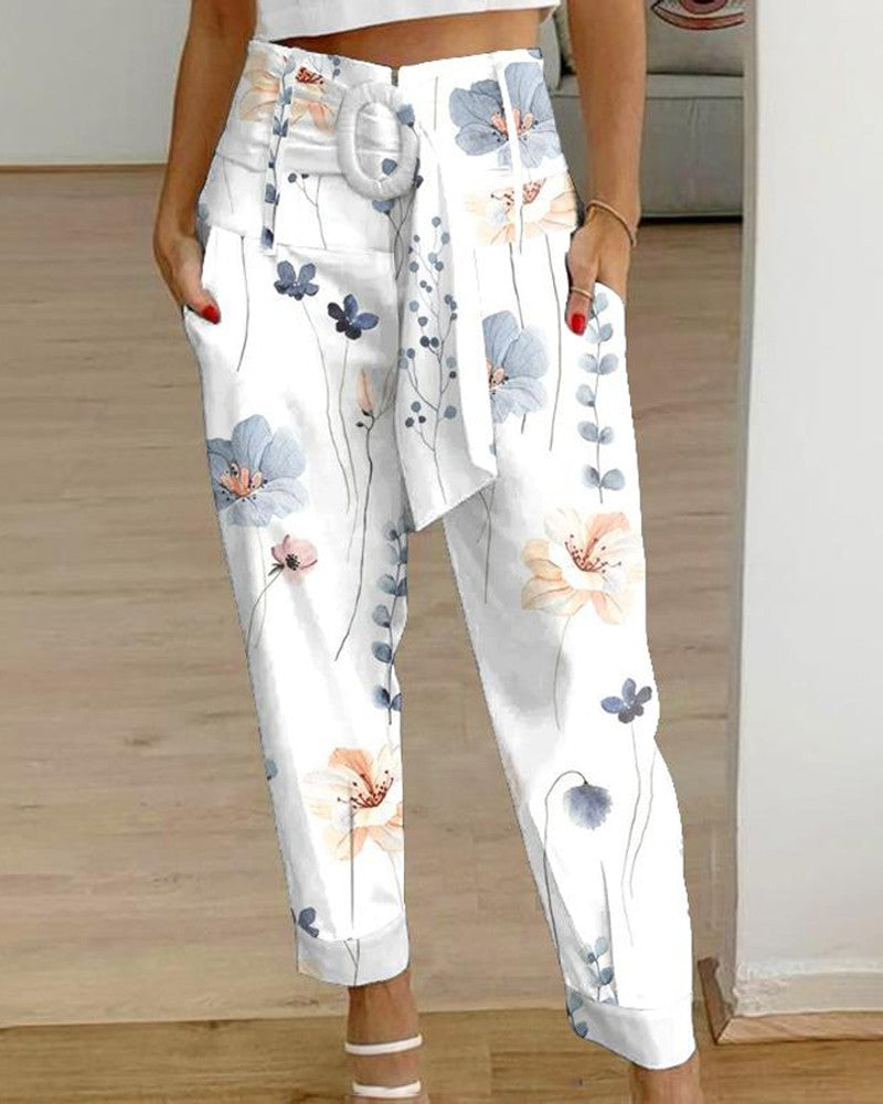 Floral Print High Waist Belted Pocket Design Pants