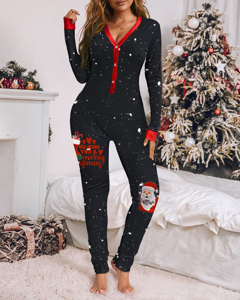 Christmas Slogan Graphic Print Functional Buttoned Flap Adult Onesie