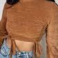 Long Sleeve Drawstring Ruched Velvet Crop Top