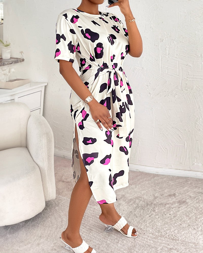 Pink Leopard Print Tied Detail Slit Casual Dress