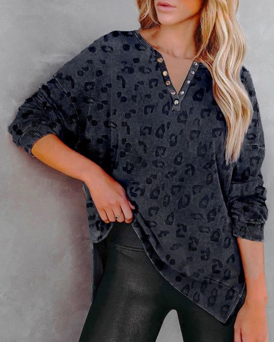 Leopard Print Buttoned Waffle Knit Top