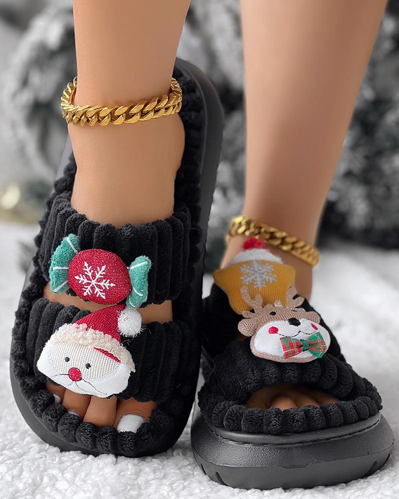 Christmas Cartoon Elk Santa Claus Pattern Fuzzy Winter Slippers