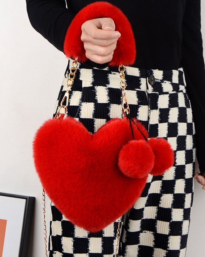 Fluffy Heart Shaped Pom Pom Chain Strap Handbag