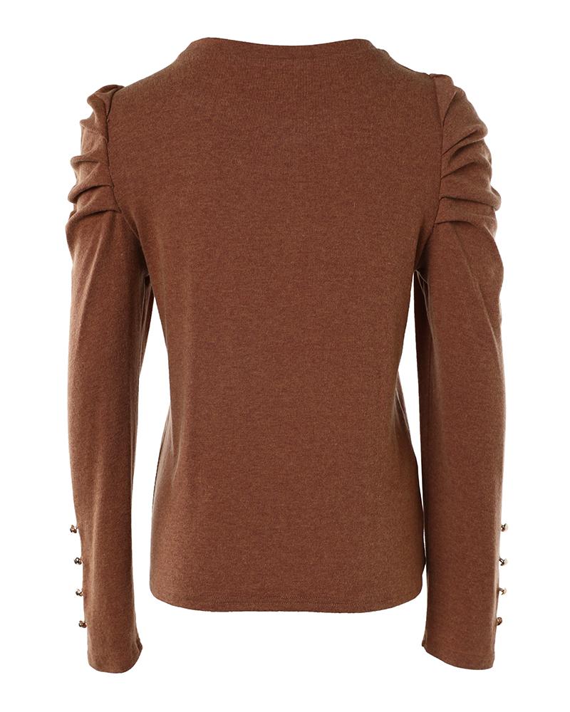 Gigot Sleeve Buttoned Ruched Top
