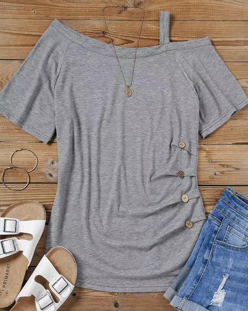 Cold Shoulder Buttoned Ruched T shirt
