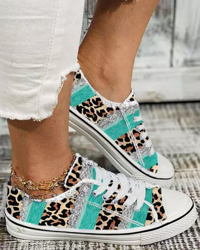 Contrast Leopard Print Frayed Canvas Sneakers
