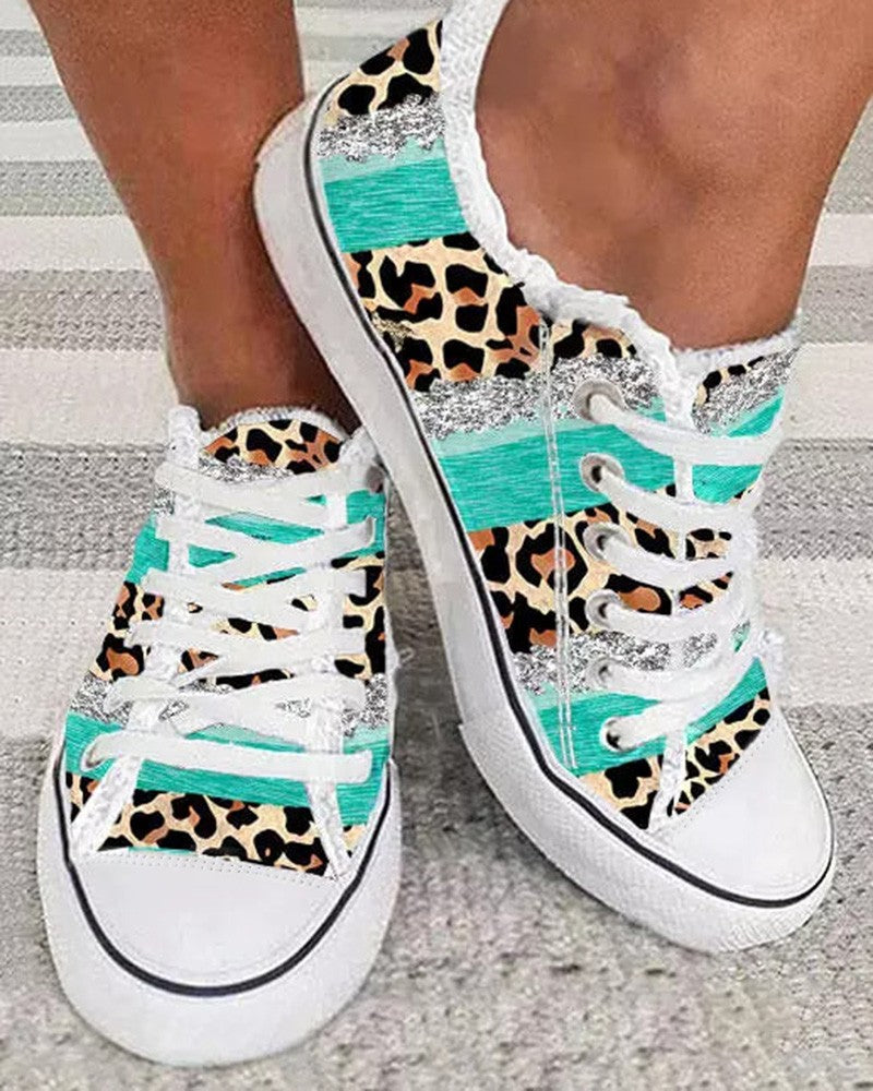Contrast Leopard Print Frayed Canvas Sneakers