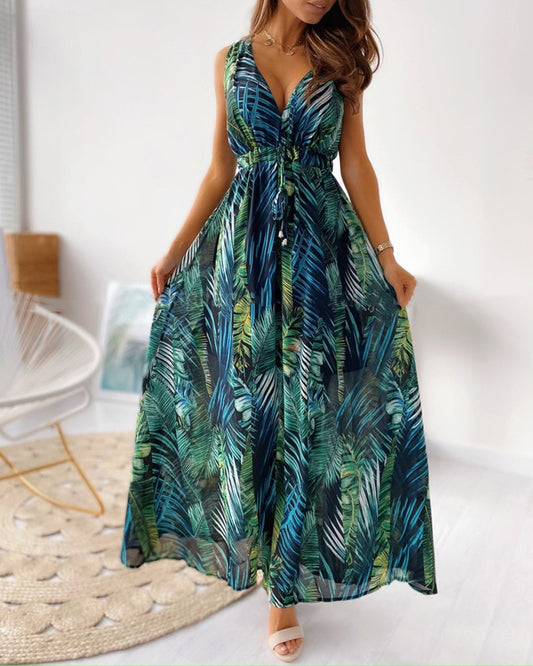 Tropical Print V Neck Tied Detail Maxi Dress